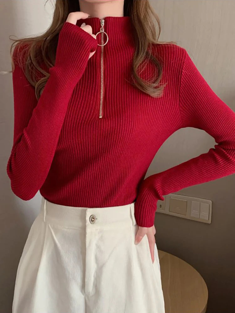 Knitted Women Zipper High Neck Sweater