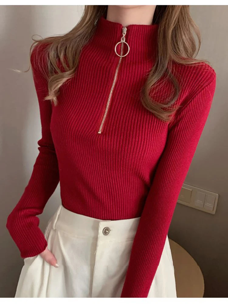 Knitted Women Zipper High Neck Sweater