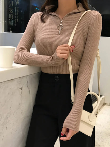 Knitted Women Zipper High Neck Sweater