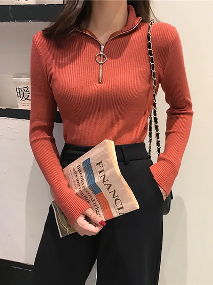 Knitted Women Zipper High Neck Sweater