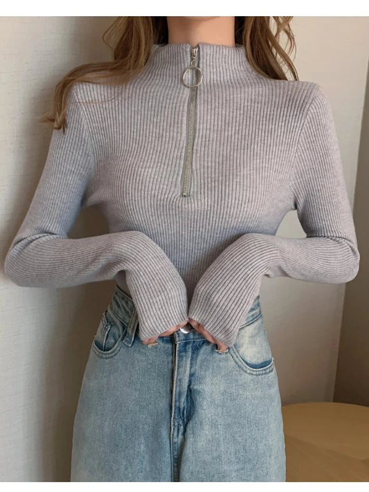 Knitted Women Zipper High Neck Sweater