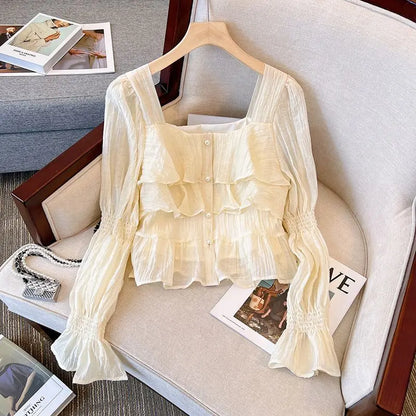 Women’s French Style Stylish Ruffles Sweet Chiffon Blouse