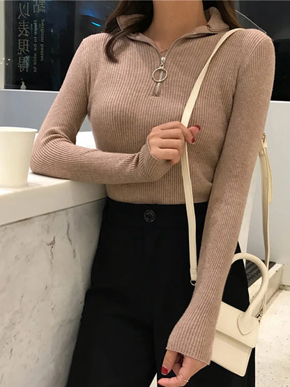 Knitted Women Zipper High Neck Sweater