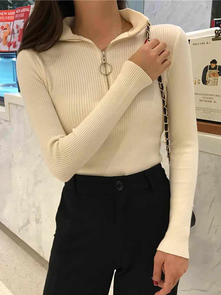 Knitted Women Zipper High Neck Sweater