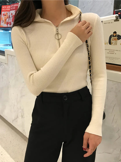 Knitted Women Zipper High Neck Sweater